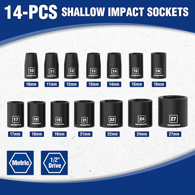 WORKPRO 1/2” Drive Shallow Impact Socket Set, Metric Cr-V Steel 6-Point Socket Set with Storage Case for Automotive Maintenance and Repairs (14PCS 10-27mm)