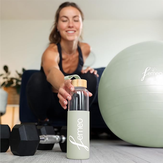 Femeo® Glass Water Bottle for Women | Eco, Yoga & Gym Friendly, 18oz | 100% Leakproof, BPA-Free, Dishwasher Safe, Borosilicate Drinking Glass Bamboo Sports Cap Mint