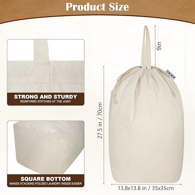Canvas Laundry Bags with Handles & Square Base13.8"x 13.8", Large Heavy Duty Laundry Basket Hamper Liner, College Dorm Washable Drawstring Cotton Dirty Clothes Bag (Beige,2 Pack)