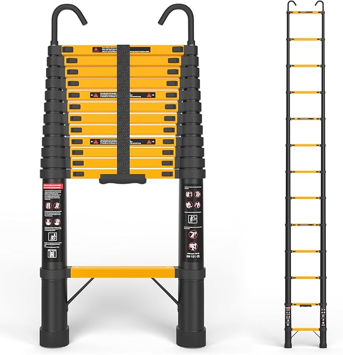 12.5 FT Telescoping Ladder with Hooks, ANSI Certified, Type I Heavy Duty, 330lbs Max Capacity, Aluminum Extension Ladder for Home, Roof, RV; Yellow