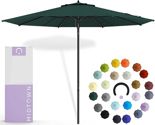 Midtown Umbrellas Push and Pop 9 Feet Outdoor Umbrella, Dark Green Polyester Fabric - Fiberglass Ribs Deck Patio Umbrella, Backyard Umbrella, Garden Umbrella & Pool Umbrella - Black Pole