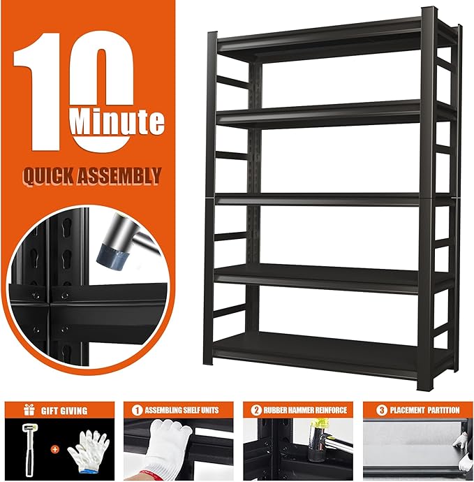 Heavy Duty 5-Tier Garage Shelf Steel Unit 3000lb Capacity | Garage & Basement Storage | Industrial Metal Shelving for Warehouse Workshop | Adjustable Rust-Resistant (72"H x 36"W x 16"D, Black)
