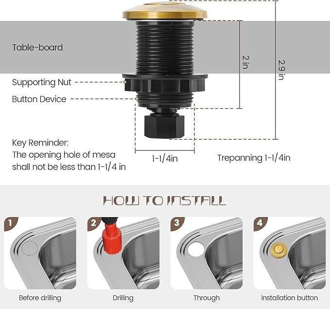 Garbage Disposal Air Switch Kit Sink Top Waste Disposal Stainless Steel Golden Brushed On/Off Air Button Food and Waste Disposals Part by Etoolcity, UL Listed