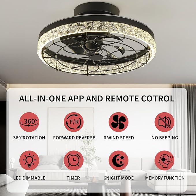 Flush Mount Ceiling Fans with Lights, Modern Low Profile Ceiling Fan with Dimmable LED Lights, Reversible Motor and Remote & App Control, Enclosed Design for Bedroom Doorway Laundry Room