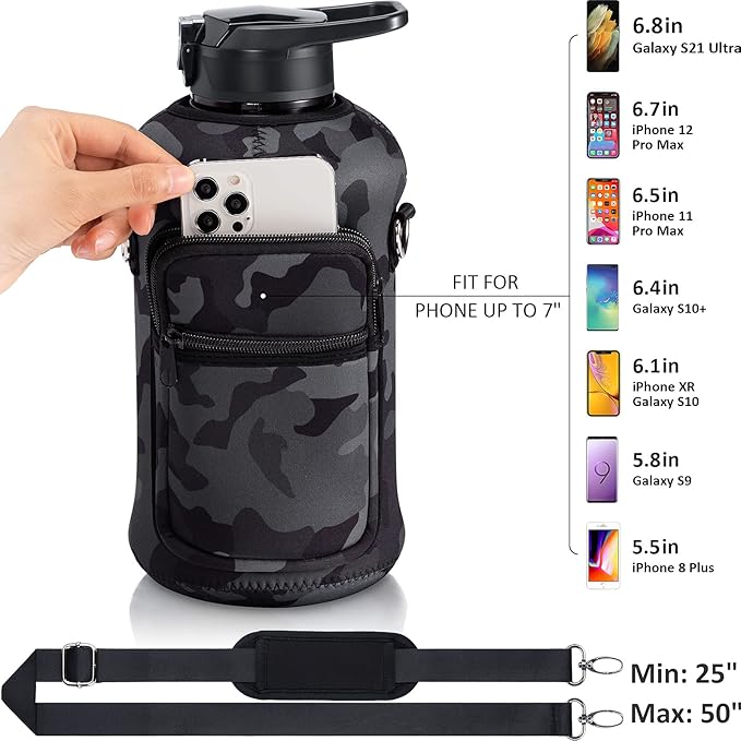 Fimibuke Half Gallon Water Bottle with Sleeve 64 OZ Water Bottle with Handle & Straw Leakproof Motivational Sports Gym Water Bottle with Time Marker BPA Free Water Jug with Reusable Neoprene Holder