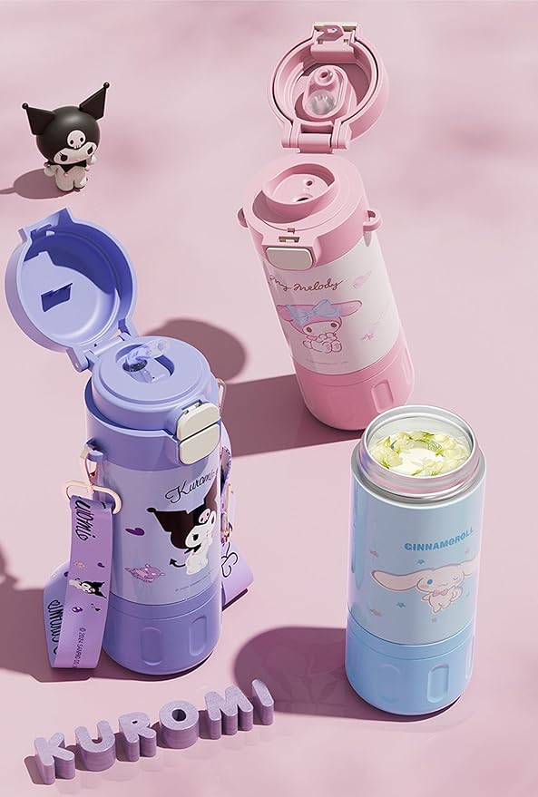 Kuromi Stainless Steel Insulated Water Bottle with Strap (Spout & Straw) 480ml - Purple