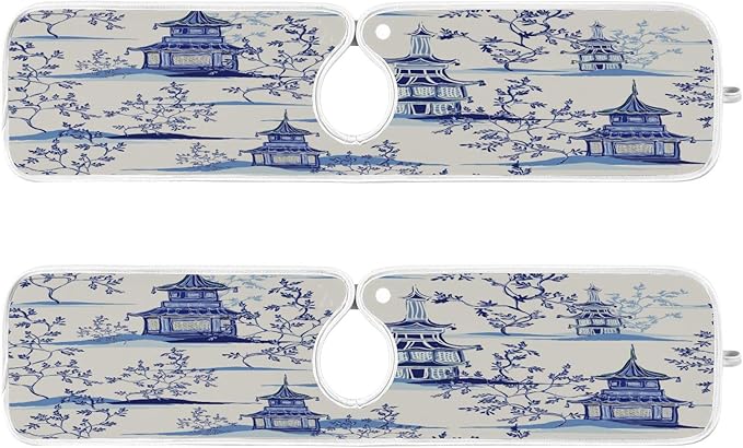 Kitchen Faucet Absorbent Mat, Ink Chinese Pagodas Trees Water Splash Guard for Sink, Faucet Drip Catcher Thicken Sponge Microfiber Faucet Water Catcher Mat Sink Absorbent Mat for Kitchen 30x5in 2Pack