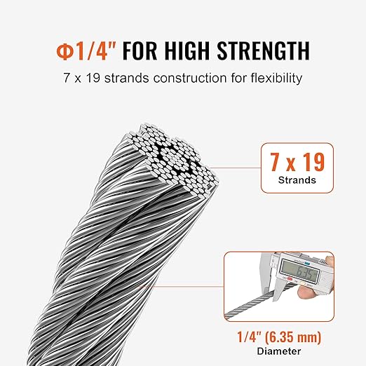 VEVOR Wire Rope, 1/4" 250 ft Zinc Galvanized Carbon Steel Cable with Gloves, 7000 lbs Breaking Strength, 7 x 19 Strands Construction Marine Aircraft Grade for Handrail Stair Decking Fence Outdoors