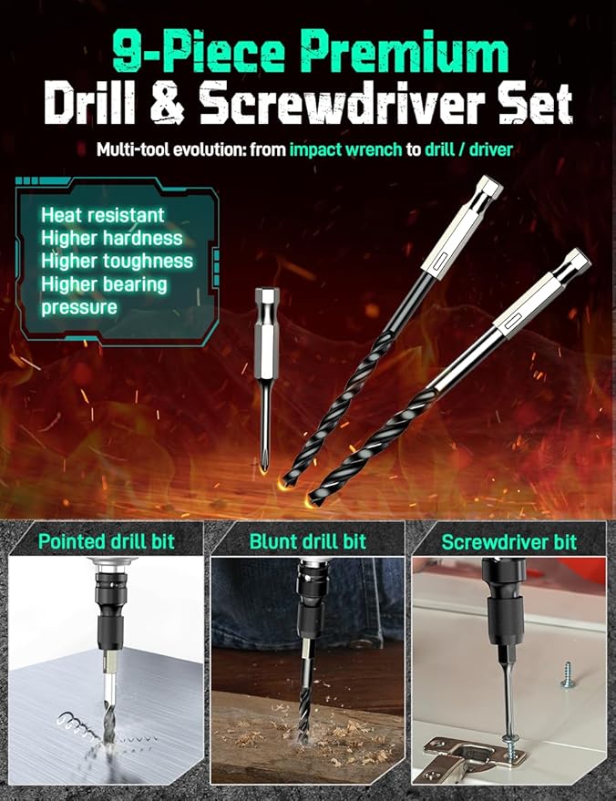KIMO Impact Wrench 1/2, Max Torque 406ft-lbs (550N.m) & 3000RPM /Premium Brake Stop, 9-Piece Drill & Serewdriver Set, 4 Sockets, Cordless Impact Wrench with 2x4.0Ah Battery, Impact Driver for CarTires