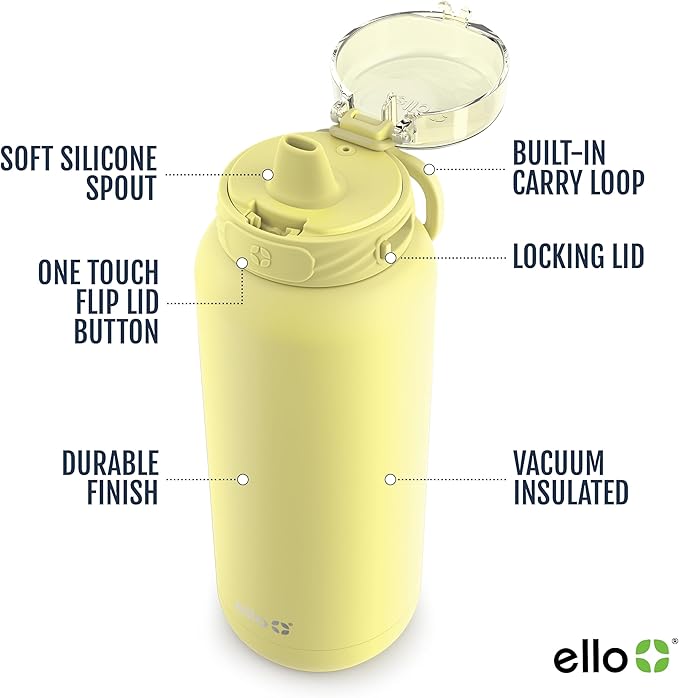 Ello Cooper 22oz Stainless Steel Water Bottle with Straw and Carry Handle, Double Walled and Vacuum Insulated Metal, Leak Proof Locking Lid with Soft Silicone Spout, Reusable, BPA Free, Lemonade