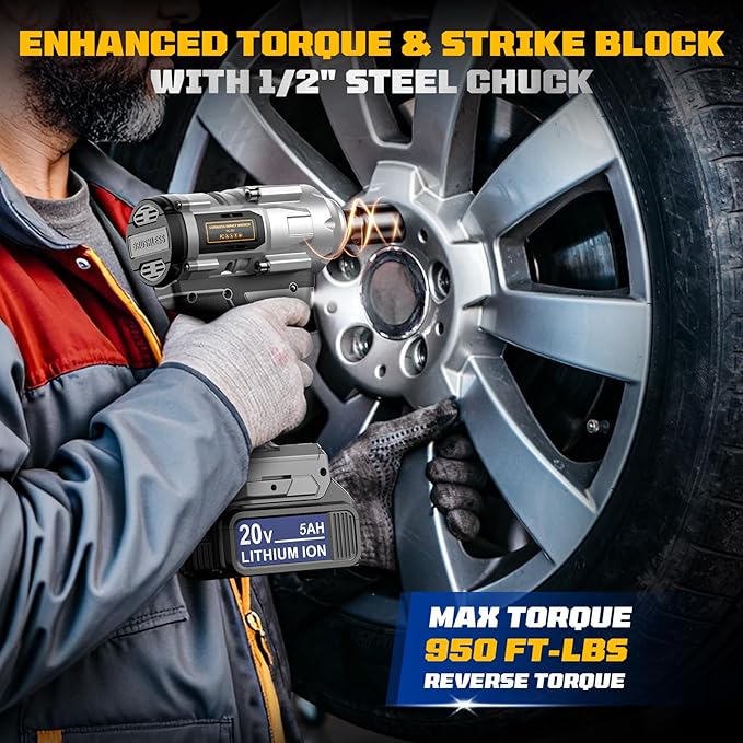 Cordless Impact Wrench 1/2 inch for DeWalt 20V Battery, 900Ft-lbs Brushless High Torque Impact Gun with 2x5.0AH Battery