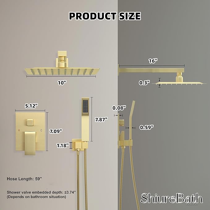 10 Inch Shower Faucet Set, Rainfall Shower System with Square Fixed Shower Head and High Pressure Handheld Shower Head, Spray Wall Mounted Rainfall Shower Fixtures, Brushed Gold