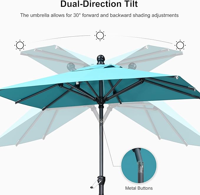 PURPLE LEAF 10' x 6.5' Rectangular Patio Umbrella Outdoor Table Umbrella Aluminum Frame Market Umbrella Sun Umbrella with 8 Sturdy Ribs Tilt for Garden Deck Lawn Pool Turquoise Blue