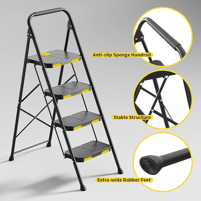 KINGRACK 4 Step Ladder, Sturdy Steel Step Stool with Safe-Lock Design, Handrail, Anti-Slip Wide Pedals, Pass 800lbs Load Testing, Folding Portable Ladder for Multi-Purpose, Home, Kitchen, Black
