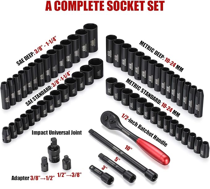 KBOISHA 1/2" Master Drive Impact Socket Set,65-Piece 6 Point Socket Set Standard SAE and Metric Sizes CR-V Steel Sockets with Adapters & Ratchet Handle