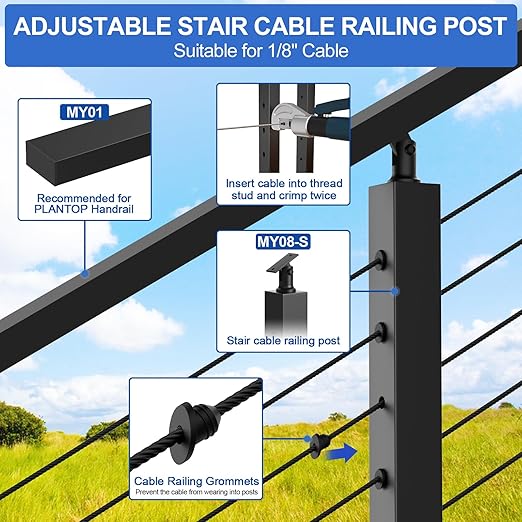 3 Pack 35" Stainless Steel Adjustable Stair Cable Railing Post Kits, 25-35 Degrees Angle Line Post with Grommets for Deck Railing Systems, Indoor & Outdoor Use,MY06-SP