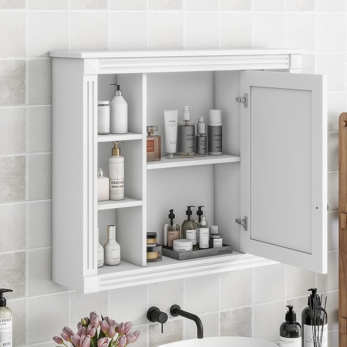 Merax Bathroom Medicine Cabinet with Mirror, Wall Mounted Over Toilet Storage Cabinet Organizer with Doors and Shelves for Bathroom Laundry Room (Mirror Cabinet Only, White)