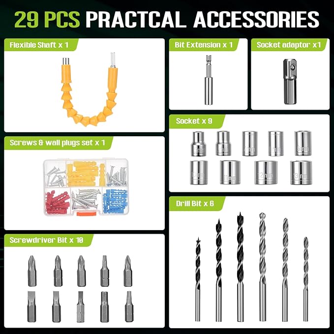WORKBLESS 21V Power Drill Set, Cordless Drill with 2 Batteries and Charger, 3/8'' Keyless Chuck, Variable Speed, 18+1 Torque Setting and 28pcs Bits Tool Set(Green)