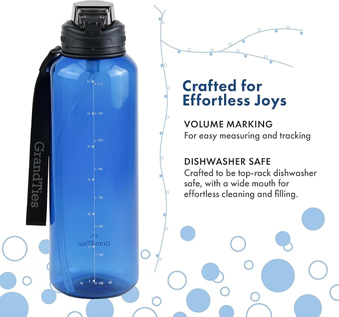 GRANDTIES Sports Tritan Plastic Water Bottle with Straw, Removable – Leakproof BPA Free Dishwasher Safe Travel Water Bottle with Strap – Reusable Water Bottle for Gym, Outdoor, Fitness 52oz Navy