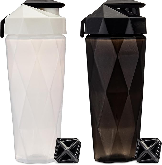 Classic 28oz Blender Shaker Bottle | Protein Shaker Bottle with Diamond Agitator | Shaker Cup with Carrying Handle and Dishwasher Safe | 2 Pack - Black & White