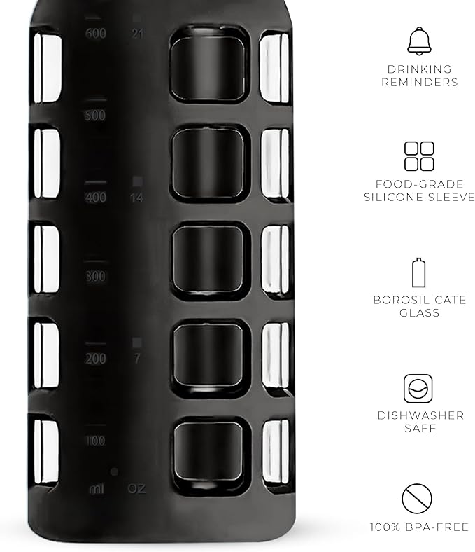 purifyou Premium 40/32 / 22/12 oz Glass Water Bottles with Volume & Times to Drink, Silicone Sleeve & Stainless Steel Lid Insert, Reusable Bottle for Fridge Water, Milk, Juice (22oz Jet Black)