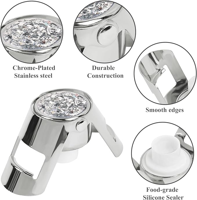 LIZIMANDU Champagne Stopper, Stainless Steel Bottle Plug Sealer for Sparkling Wine, Superior Leak,keeps Wine, Champagne, Prosecco, Cava, and Sparkling Wine fresh longer(1-Bling Silver)