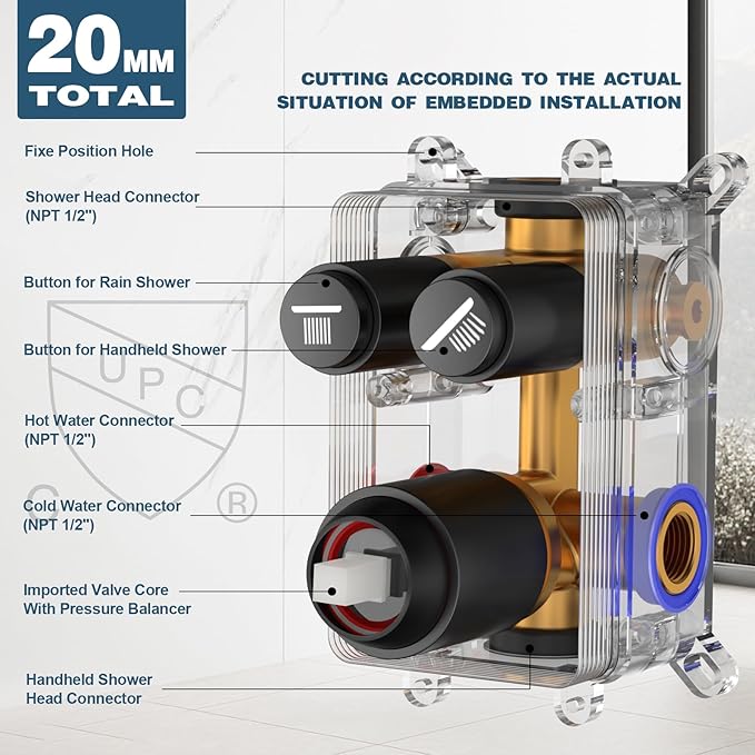 Rainfall Shower System with Handheld Spray and 12" Rain Shower Head, Can Be Use at Same Time, Push Button Multi Shower Head System for 2 People, Matte Black