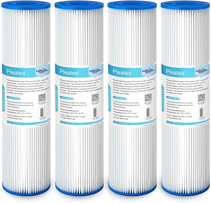 Membrane Solutions 20 Micron Pleated Polyester Sediment Water Filter 10"x2.5" Replacement Cartridge Universal Whole House Pre-Filter Compatible with W50PE, WFPFC3002, SPC-25-1050, FM-50-975 - 4 Pack