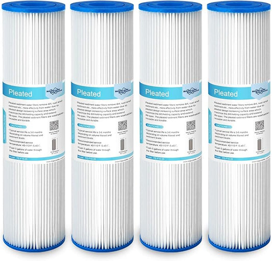Membrane Solutions 20 Micron Pleated Polyester Sediment Water Filter 10"x2.5" Replacement Cartridge Universal Whole House Pre-Filter Compatible with W50PE, WFPFC3002, SPC-25-1050, FM-50-975 - 4 Pack