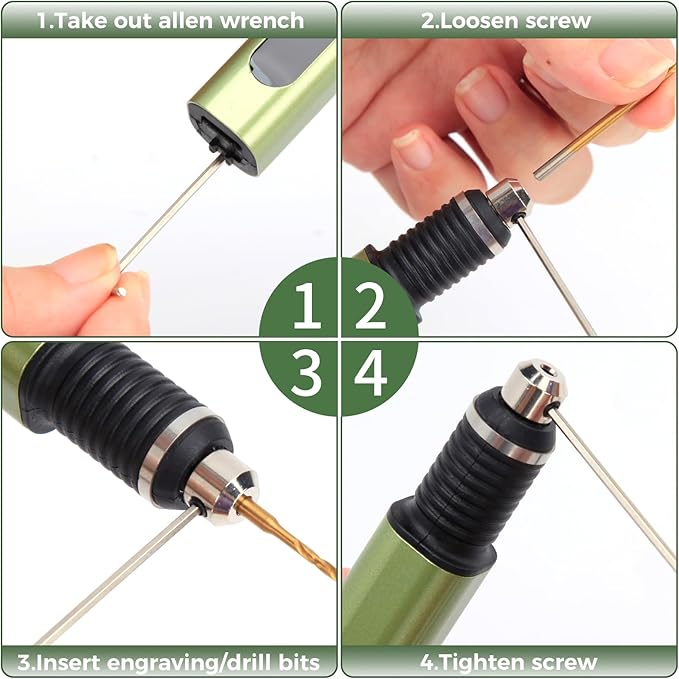 3-Speed Cordless Mini Drill Pen, Rechargeable DIY Electric Hand Drill with 10 Small Drill Bits for Jewelry Making Stone Plastic Resin Keychains-Beginner Friendly (Olive Green)