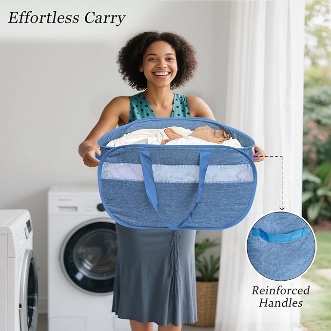 100L Mesh Pop Up Laundry Hampers with Handles, Extra Large Collapsible Laundry Baskets 2 Pack, Portable Travel Laundry Basket, Dirty Clothes Hamper Light Breathable, Bule. 2H