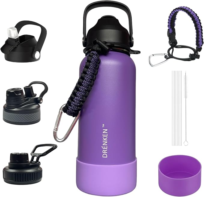 Water Bottle, Insulated water bottle, Stainless steel water bottle for kids men women Sports water bottle 32 oz Water bottle with straw Insulated Flask (Purple)