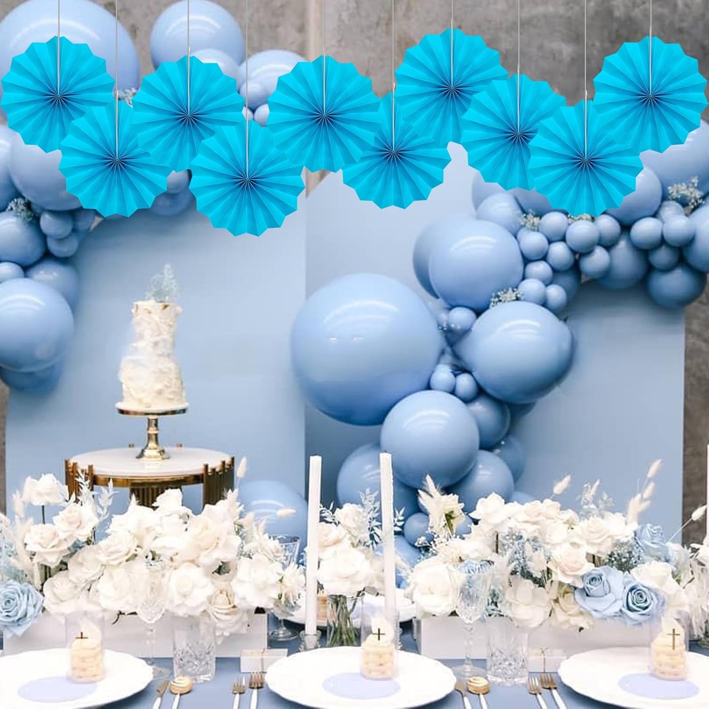 BARTHEW Blue Hanging Paper Fans,Blueaccessories Paper Decorations for Party,Blue Harmony Classroom Decorations,Party Decorations for Boys 8in Hanging Paper Fans 30 Color DIY Set (Sky Blue)