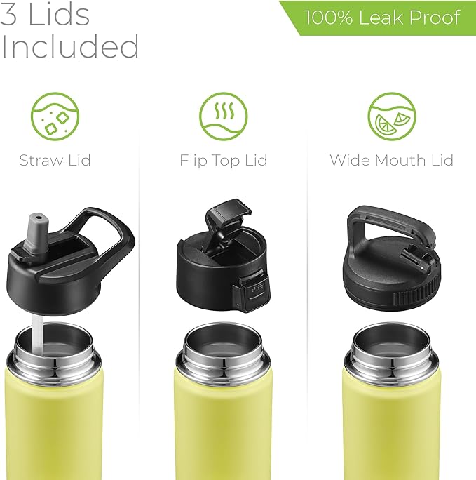 SipX™ Triple-Insulated Stainless Steel Water Bottle 18oz. With 3 Lids, BPA-Free Reusable Insulated Water Bottle Keeps Cold 24 Hours, Metal Water Bottle Made Of Sustainable Material For Hiking & Biking