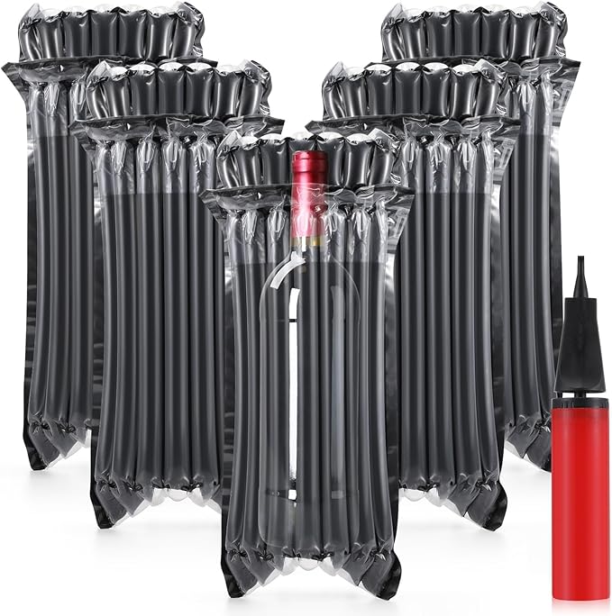 Frienda 50 Pcs Black Inflatable Wine Bottle Travel Protector Bags Reusable Air Column Wine Travel Inflatable Bag with Pump Wine Shipping Sleeves Wine Packing for Glass Bottles Airplane Transportation