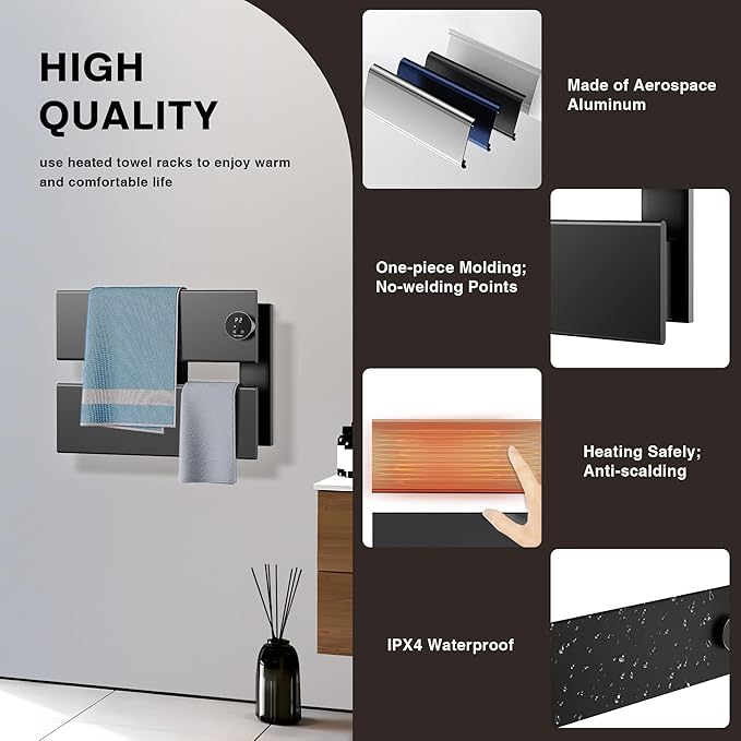 K&KALONZO Electric Towel Warmer, 18.35" W x 14.6" H Wall-Mounted Towel Heater with Built-in Timer, Waterproof Aluminum Towel Warmer for Bathroom, Support Plug-in and Hardwired, Black, K2-R-B