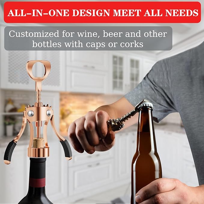 KORCCI Wine Opener, Wine Bottle Opener, Zinc Alloy Wing Corkscrew Heavy Duty, Cork Screw Beer Opener for Bartenders, Multifunctional Bottle Opener for Kitchen, Restaurant, Bar, Waiters (1, Rose Gold)