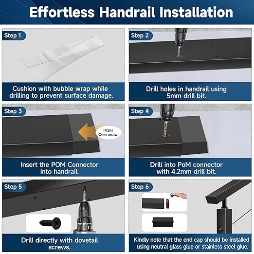 5FT Black Handrail with POM Connector, 2 Pack Stainless Steel T304 Rectangular Cable Railing Handrail Flat Deck Top Rail with Metal End Caps for Indoor Outdoor Deck Stair Cable Railing System