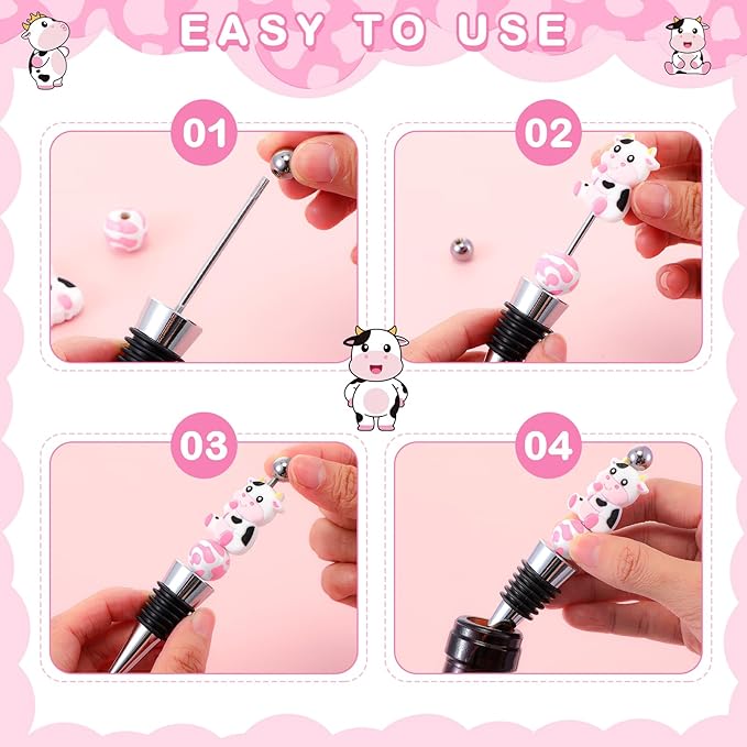 Gisafai 12 Set Cow Beadable Wine Stoppers Baby Shower Wedding Favors for Guests Decorative Beaded Wine Bottle Stopper with Cow Beads Organza Bag Tag for Wedding Cow Party Favor Souvenirs Gifts