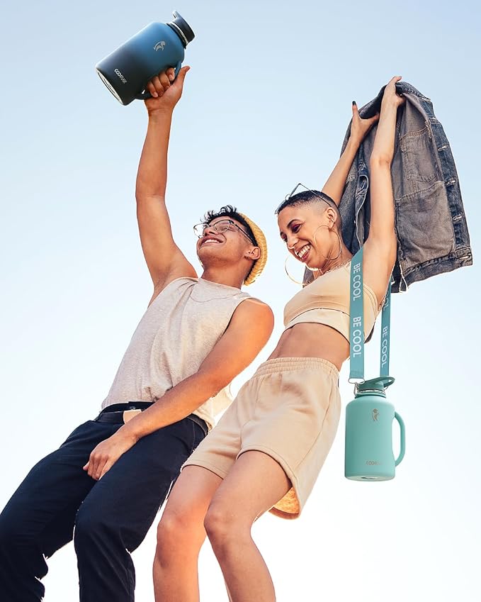 Half Gallon Water Bottle Insulated, Coolflask 64 oz Insulated Stainless Steel Water Jug Metal Double-Walled Vacuum Large Flask With Strap Straw Leakproof, Keep Cold 48 Hrs Hot 24hrs, Green