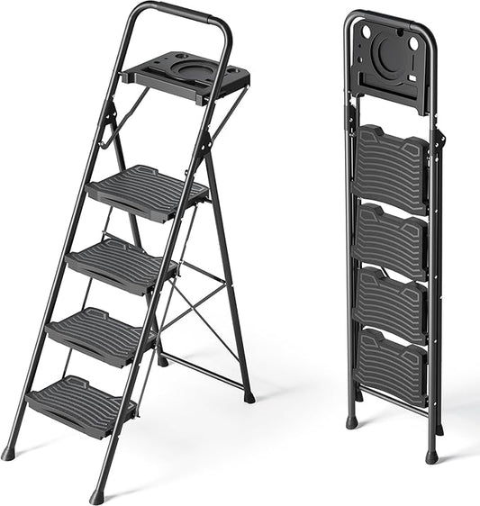 KINGRACK 4 Step Ladder with Tool Platform, Sturdy Step Stool, Anti-Slip Wide Pedals, Handrail, Foldable Step Ladder, Pass 900LBS Testing, Multi-Use for Home, Garage, Garden, Painting, Black