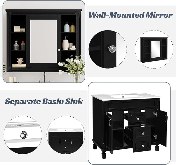 Merax 36" Bathroom Vanity with Sink, 36 inch Bathroom Vanity Storage Cabinet with Matching Mirror Medicine Cabinet, Ceramic Sink Top, Solid Wood Frame, Painted