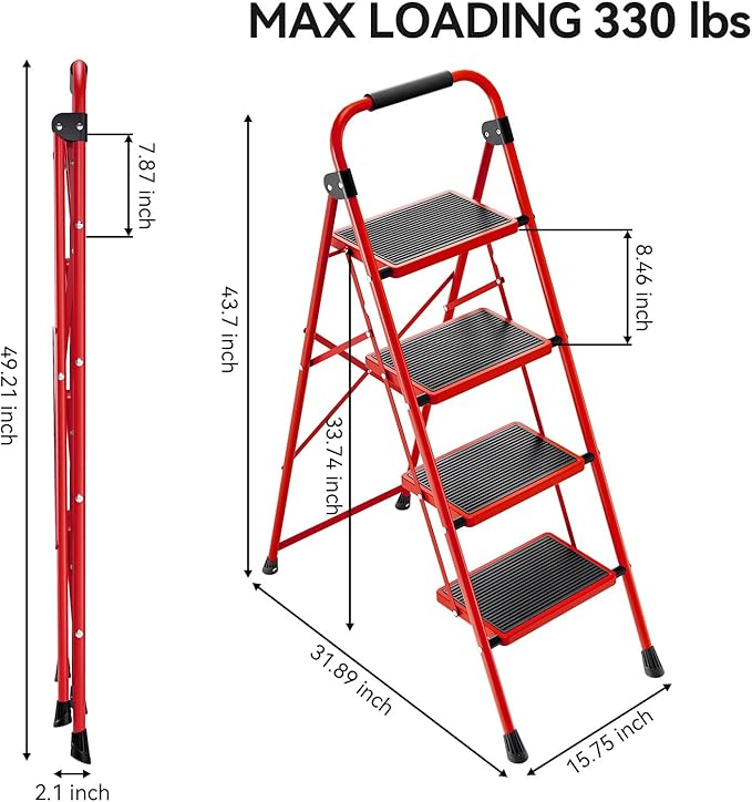 KINGRACK 4 Step Ladder, Folding Step Stool with Anti-Slip and Wide Pedal, Lightweight Stepladder with Handrails, Portable for Kitchen, Household, Red