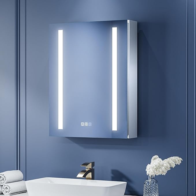 ExBrite LED Lighted Bathroom Medicine Cabinet with Mirror, 20 x 26 Inch, Recessed or Surface Mount, Anti-Fog, Stepless Dimming, Color Temperature Adjustment, 2 Outlets, Storage Shelves, Right Hinge