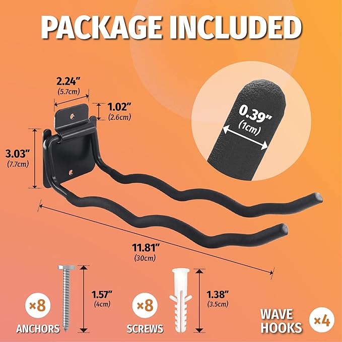 HUHOLE Garage Hooks, Ladder Hangers for Garage Wall, Shovel Holder, 4 Pack Heavy Duty Hook for Ladder, Rake, Folding Chair, Yard Tools, Garden Tool, 12” Wave Curved Utility Hooks
