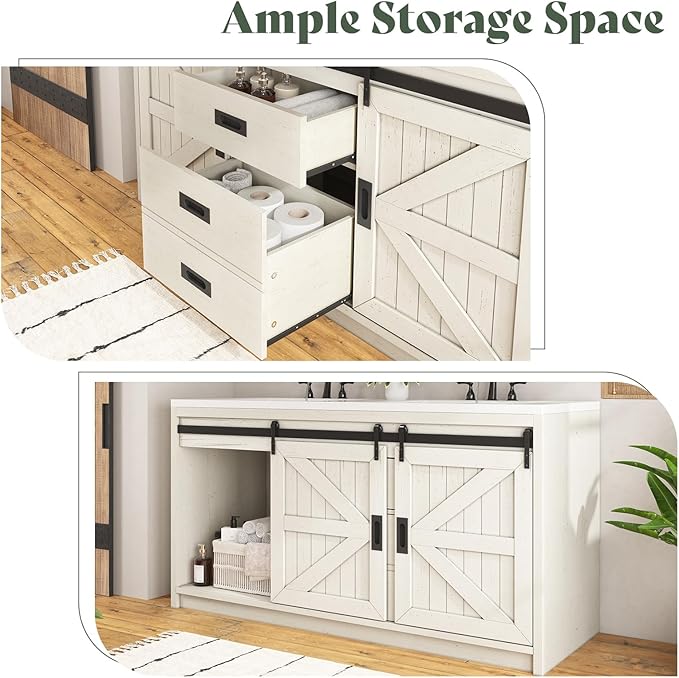 60" Farmhouse Sliding Barn Door Double Vanity with Sink Combo, Freestanding Bathroom Vanity Cabinet with Drawers & Metal Handles, Distressed White