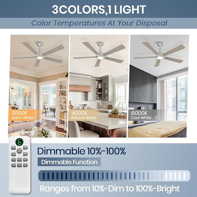 GESUM 52 Inch Smart Ceiling Fan with Light, Nickel Ceiling Fan with 5 Reversible Blades, Dimmable, 6 speed, 3CCT, Outdoor Ceiling Fan with Remote/App Control for Patio Kitchen Bedroom (Nickel)