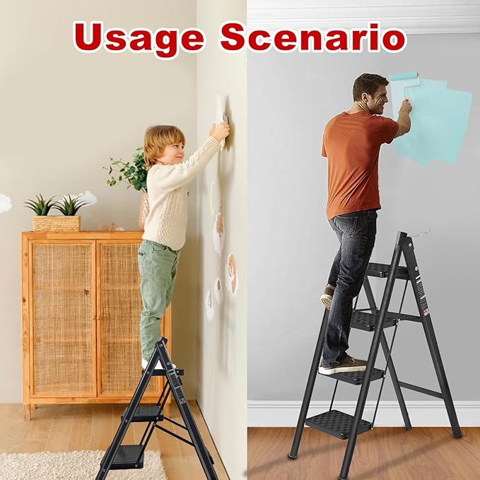 3 Step Ladder with Anti-Slip and Wide Pedal 220 lbs Capacity Folding Step Ladder for Household Kitchen Office(P-Black, 3 Step Ladder)