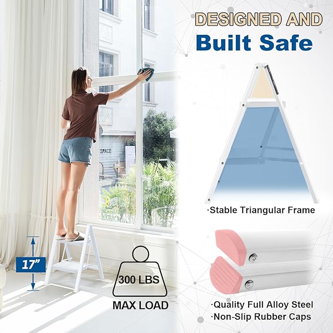 Double Elite Step Ladder 2 Step Folding, Sturdy 330 Lbs Load Step Stool for Adults, Safer Full Steel Kitchen Closet Ladder for Home, Multi-use Small Step Stool Ladder with Anti-Slip Wide Pedals, White