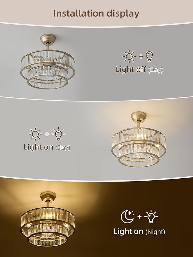 20" Gold Crystal fandelier Ceiling Fan with Lights,Gold Caged Chandelier Ceiling Fan with Light Remote Control,Enclosed Mid Century with 6 Speeds for Bedroom,Living Room,Nursery